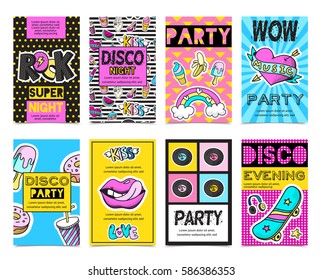 Colored stylish fashion patch badges banner set with disco night wow party disco evening descriptions vector illustration