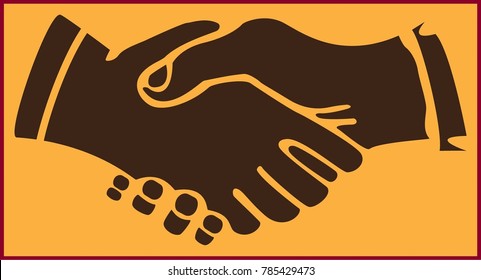 colored stylized abstract image of a people handshake on the yellow background 
