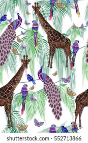 Colored stylized animal seamless pattern, giraffes, peacocks,parrots, butterflies and palm leaves on white background, vector