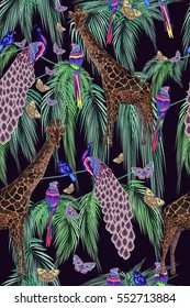 Colored stylized animal seamless pattern, giraffes, peacocks,parrots, butterflies and palm leaves on dark background, vector