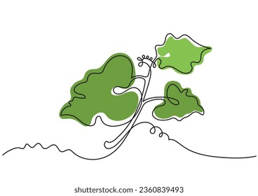 Colored stylized branch with leaves using one line technique in vector