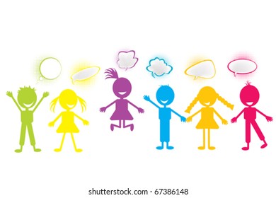 Colored stylized children with chat bubbles