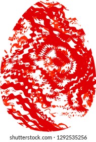 Colored stylized egg with red chaotic distorted stripes. Abstract bright design element.