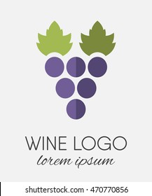 Colored stylized grapes logo in flat style. Wine or vine logotype icon. Brand design element for organic wine, wine list, menu, liquor store, selling alcohol, wine company. Vector illustration.