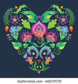 Colored Stylized Heart of flowers. Hand drawn Vector Illustration. Floral background with decorative doodle elements for t-shirt, greeting card, tattoo