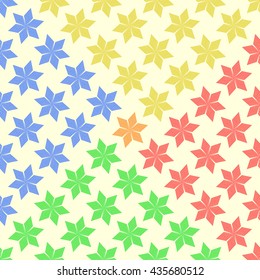Colored stylized stars background. Floral abstract wallpaper. Symmetric geometric snowflakes ornament. Vector illustration