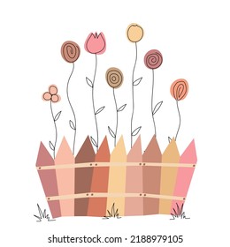 colored stylized wild flowers behind the fence on a white background. Design for brand book, logo, flyer,
