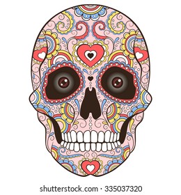 Colored Sugar Skull with Doodle ornament. Vector illustration.