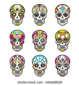 Colored sugar skull isolated on white background. Mexican hand drawn calavera set for halloween or day of the dead, dia de los muertos