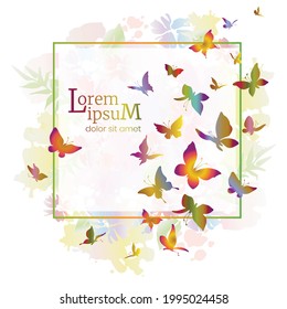 Colored summer banner with flock of butterflies. Colorful silhouettes of flying butterflies. Vector illustration.