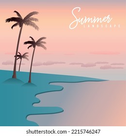 Colored summer beach landscape with palm trees Vector