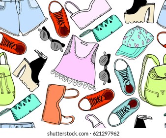 Colored summer fashion set. Vector seamless pattern