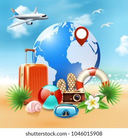 Colored summer holidays realistic composition with various elements symbolizing rest in the seaside resort vector illustration