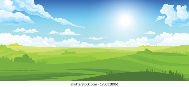 Colored summer landscape with sunlight on cloudy sky and green fields cartoon vector illustration