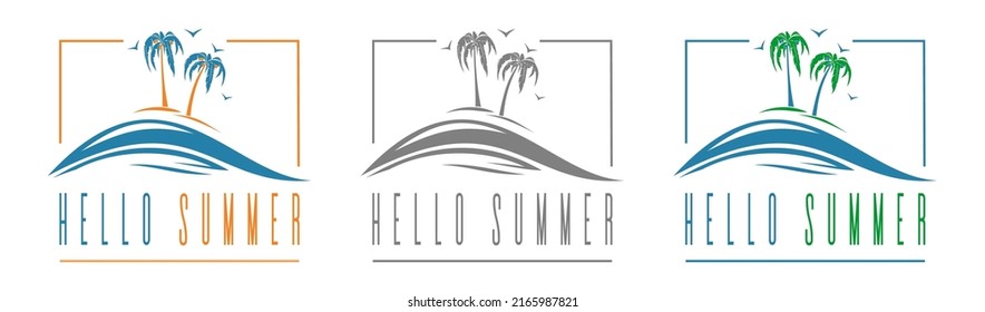 Colored summer logos set with sea and palm trees. Hello summer. Vector illustration