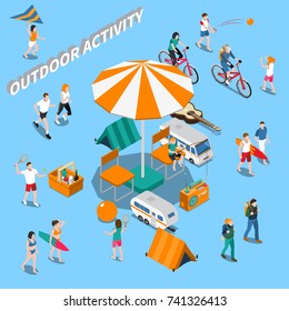 Colored summer outdoor activity people isometric composition with people on vacation or holiday vector illustration