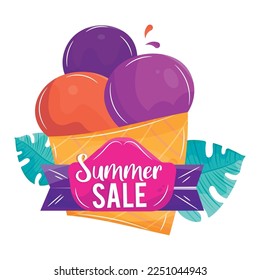 Colored summer sale banner with ribbon and ice cream sketch Vector