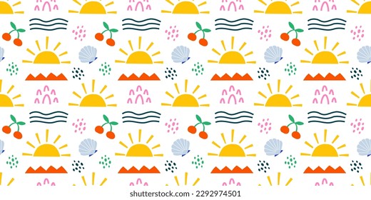 Colored Summer seamless pattern. Abstract shapes sun, waves, seashell. Sea vacation background in cutout style. Funny nature nautical texture design wallpaper. Flat graphic vector illustration