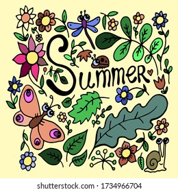 colored summer set collection with flowers and butterfly 