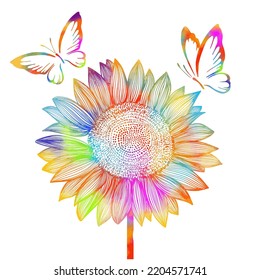 Colored sunflower flower object with butterflies. Vector illustration