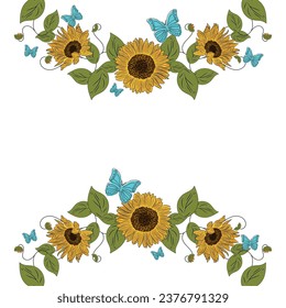 Colored sunflower frame Flower border Vector illustration