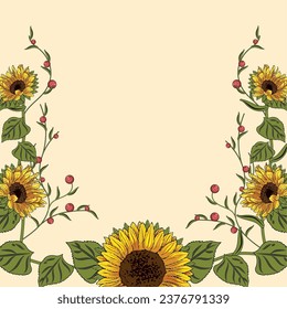 Colored sunflower frame Flower border Vector illustration