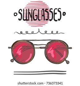 Farbige Sonnenbrillen-Illustration mit dekorativen Elementen und Sonnenbrillen-Schriftzug