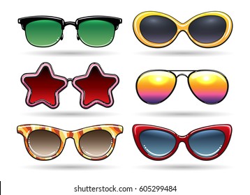 Colored sunglasses vector illustration. Sun eyeglasses with reflection for cool summer in retro or vintage style isolated on white