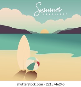 Colored sunset scenary view with a surfboard and beach ball Vector