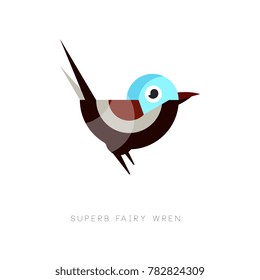 Colored superb fairy wren icon. Abstract bird composed of simple geometric shapes. Flat vector element for mobile app, web icon or company emblem