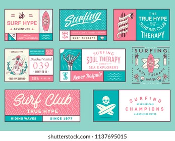 Colored surf badges vol. 2  is a collection of squared vector badge illustrations ready for any use
