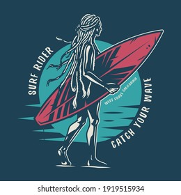 Colored surfing print of girl surfer on coast with surfingboard walking on the beach. Vector illustration summer hawaii t-shirt design