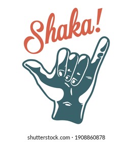 Colorida huella de mano de surf que muestra shaka de gestos surfistas. Diseño de camisetas de verano de hawaii