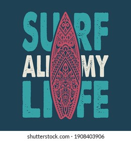 Colored surfing print with ornament at surfboard. Vector illustration of board for hawaii design