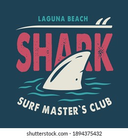 Colored surfing print of shark fin and surf board on waves. Vector illustration hawaii summer t-shirt design