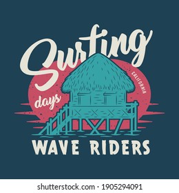 Colored surfing print of standing bungalow on wave. Vector illustration hawaii summer t-shirt design