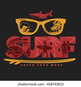 Colored surfing print with title catch your wave and elements of active recreation at sea vector illustration