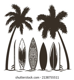 Colored surfing print of two summer hawaii beach palm tree and surfingboard. Vector illustration of summer t-shirt design