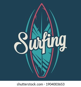 Colored surfing summer t-shirt print of surfboard. Vector illustration of board for hawaii design