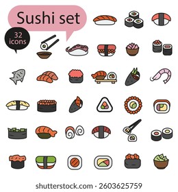 Colored sushi icon set with dark stroke. Japanese cuisine illustrations on white background. EPS 10.