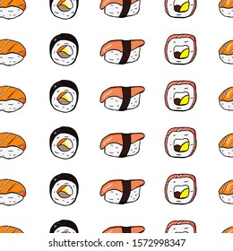 colored sushi and sushi rolls pattern isolated on transparent background