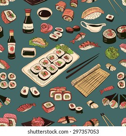 Colored Sushi and rolls seamless pattern, excellent vector illustration, EPS 10