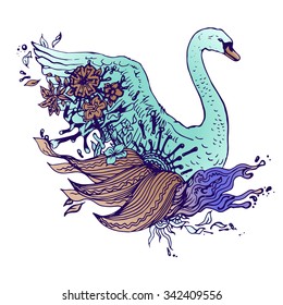 Colored swan isolated. Engraving sketch. Abstract vector bird with flowers. Print for t-shirt. Wild things.