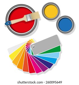 Colored swatches and paint cans with paintbrush on white background. Vector illustration