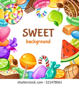 Colored sweet candy background with different types of desserts candies and lollypops vector illustration