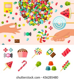 Colored sweet candy flat composition a lot of different lollipops and hands choosing sweet to your taste vector illustration