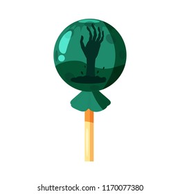 Colored sweets, lollipop, hard candy, caramel Halloween feast. Green color with elements of the holiday Halloween, hand from the earth. Vector, isolated, cartoon style