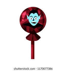Colored sweets, lollipop, hard candy, caramel Halloween feast. Red color with elements of the holiday Halloween, Vampire character. Vector, isolated, cartoon style