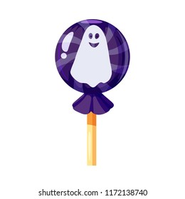 Colored sweets, lollipop, hard candy, caramel Halloween feast. Red color with elements of the holiday Halloween, Ghost character, phantom, spirit. Vector, isolated, cartoon style