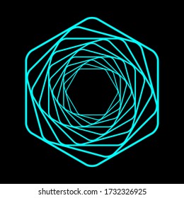 Colored swirling lines hexagon shape. Vector twisted wireframe geometric element. Abstract symbol consisting of hexagons. Technology graphic spiral.